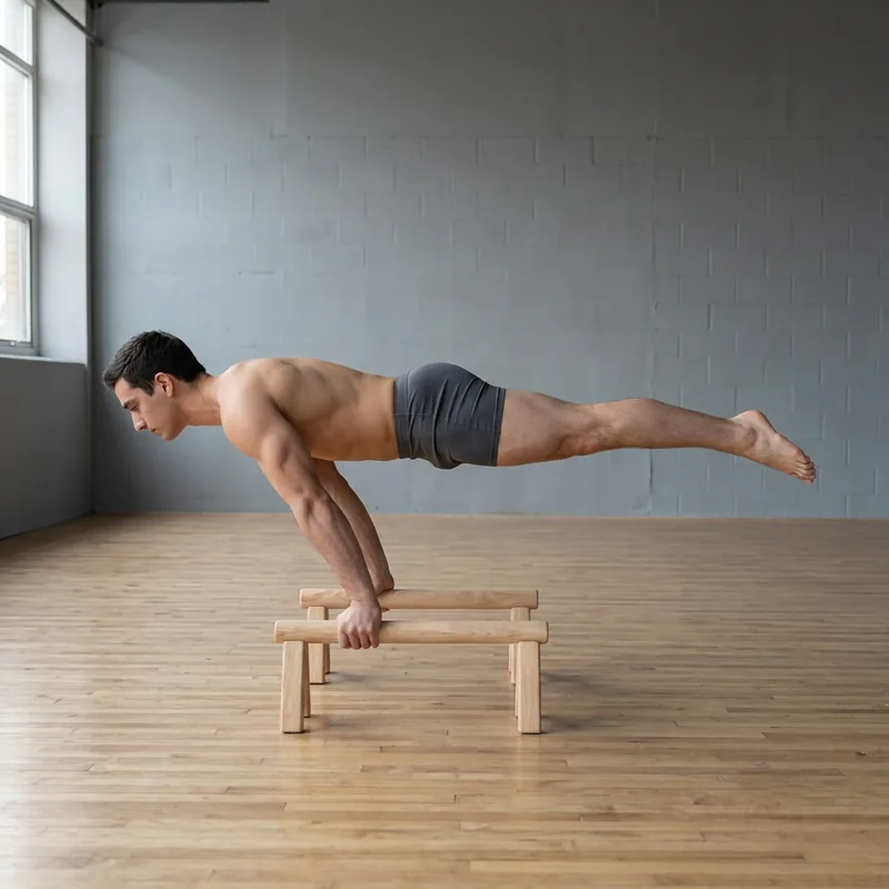 A man holding a full planche, body horizontal and parallel to the floor, in a bright empty hall.