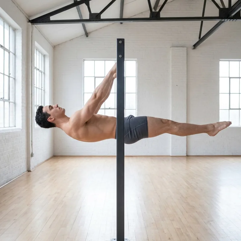 A man holding a full front lever, face up and horizontal beneath a bar, arms locked straight.